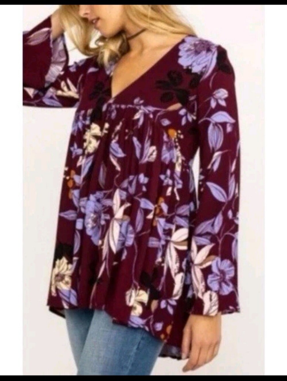 Free People Purple Floral V-Neck Tunic Dress - Picture 3 of 9